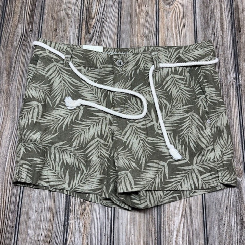 Sonoma Life + Style Womens Olive Palm Print Linen Blend Shorts with Rope Belt 10